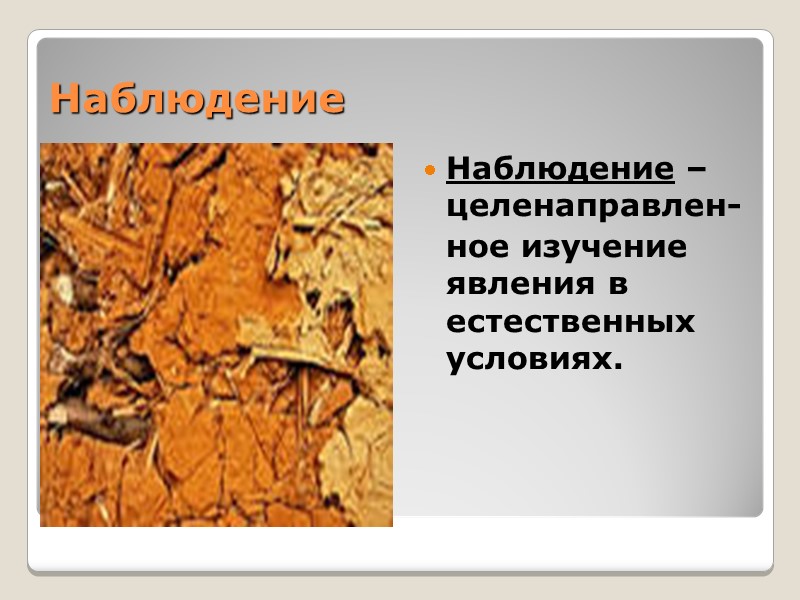 Наблюдение Наблюдение – целенаправлен-  ное изучение явления в естественных условиях.